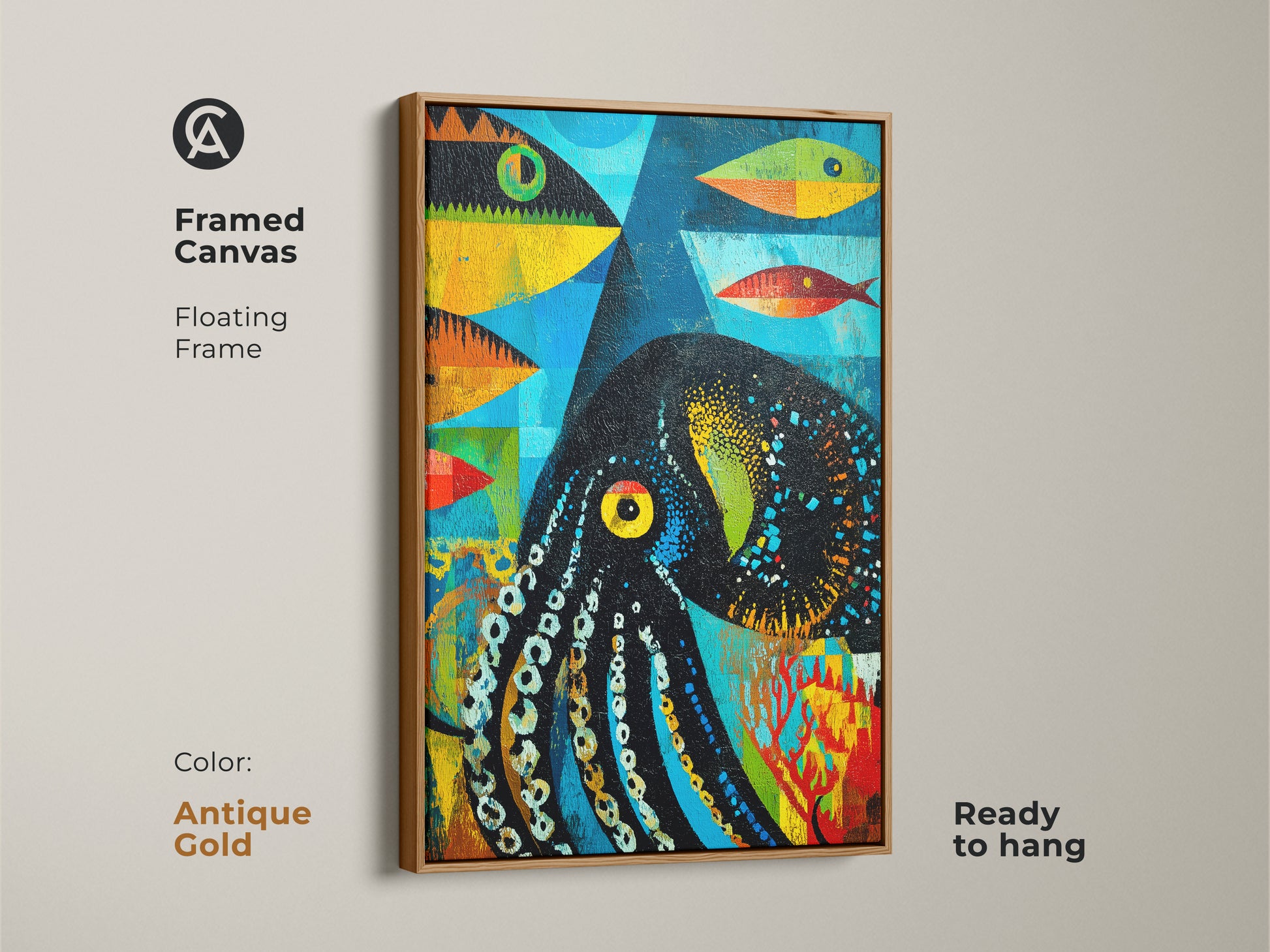 Framed canvas showcasing abstract octopus and fish art. The antique gold floating frame complements the teal orange and blue shades. Its an eclectic and vibrant ocean themed piece. This ready to hang artwork brings color and style to any space.