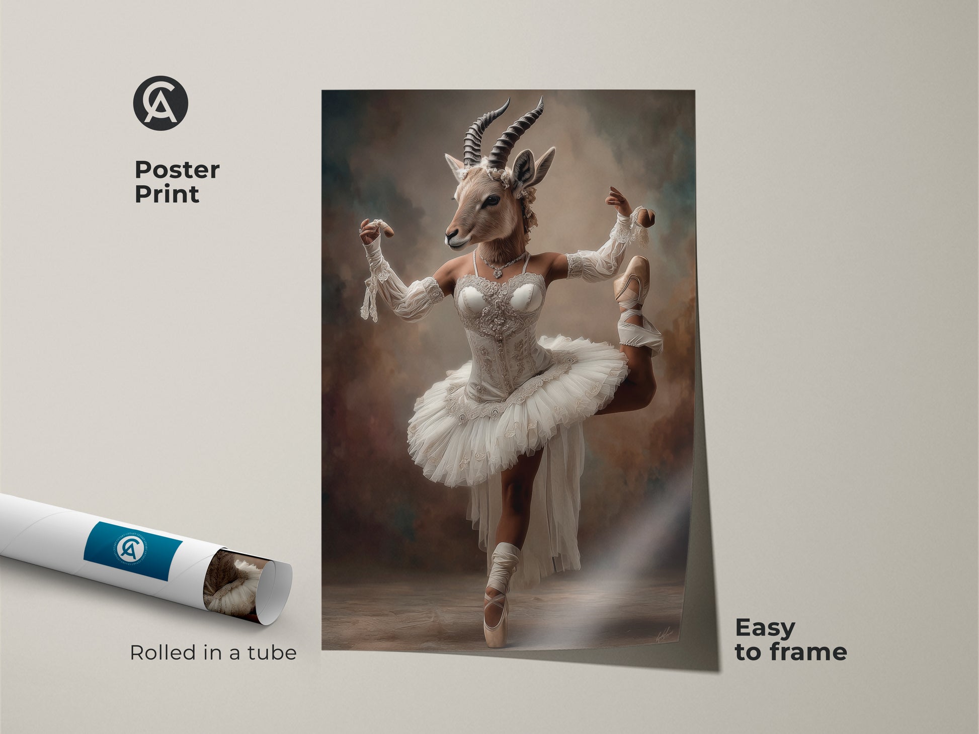 Poster print of a surreal ballerina gazelle. The artwork is rolled in a tube for easy framing. This unique eclectic art is perfect for dancers. The white cream art print adds a unique touch to any room. A great gift for ballet lovers.