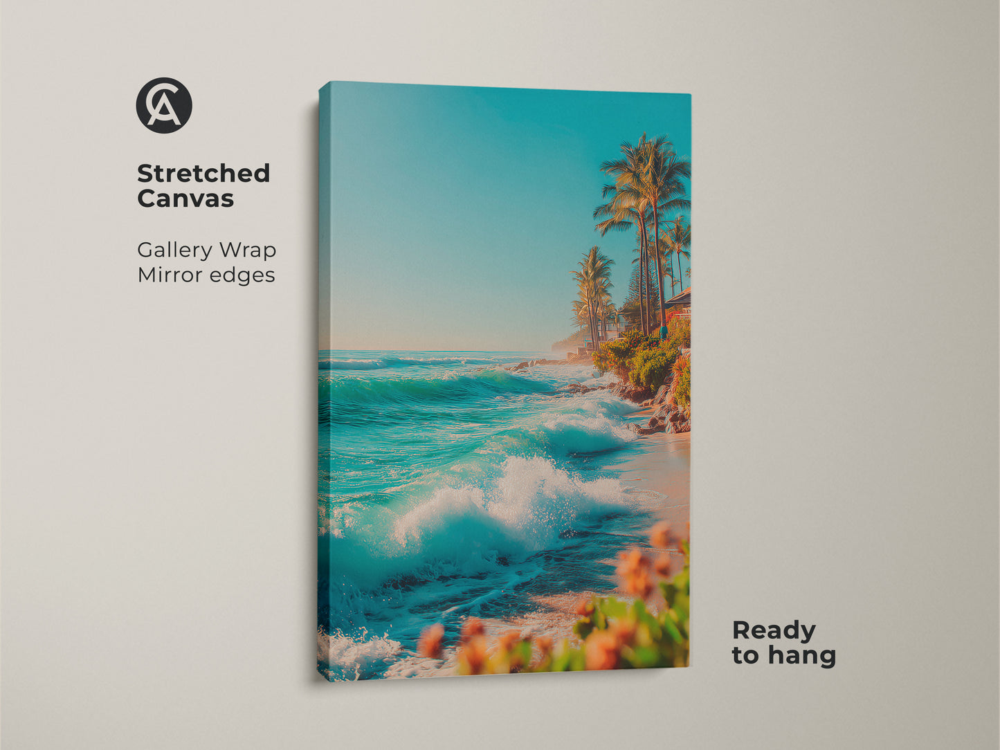Stretched canvas art featuring a serene beach with crashing waves and lush palm trees. The gallery wrap with mirrored edges creates a seamless look. This ready-to-hang artwork brings the beauty of the tropics to your home decor.