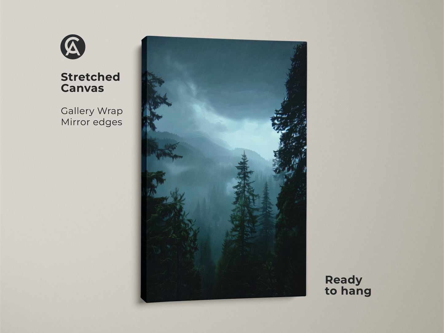 A stretched canvas print of a misty forest landscape. This pine tree artwork features gallery wrapped edges for a modern look. The deep green nature art is ready to hang. It's a perfect rustic decor piece for a bedroom or home office.