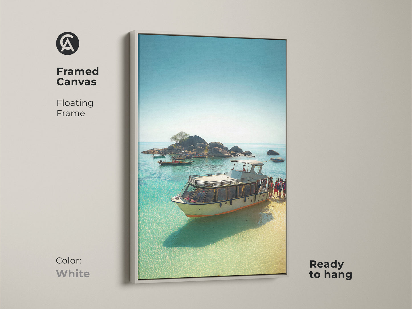 Framed Canvas with a Floating Frame in White. Travel destination canvas of a Yachting lifestyle artwork. This artwork brings a sense of vacation and relaxation into your home.