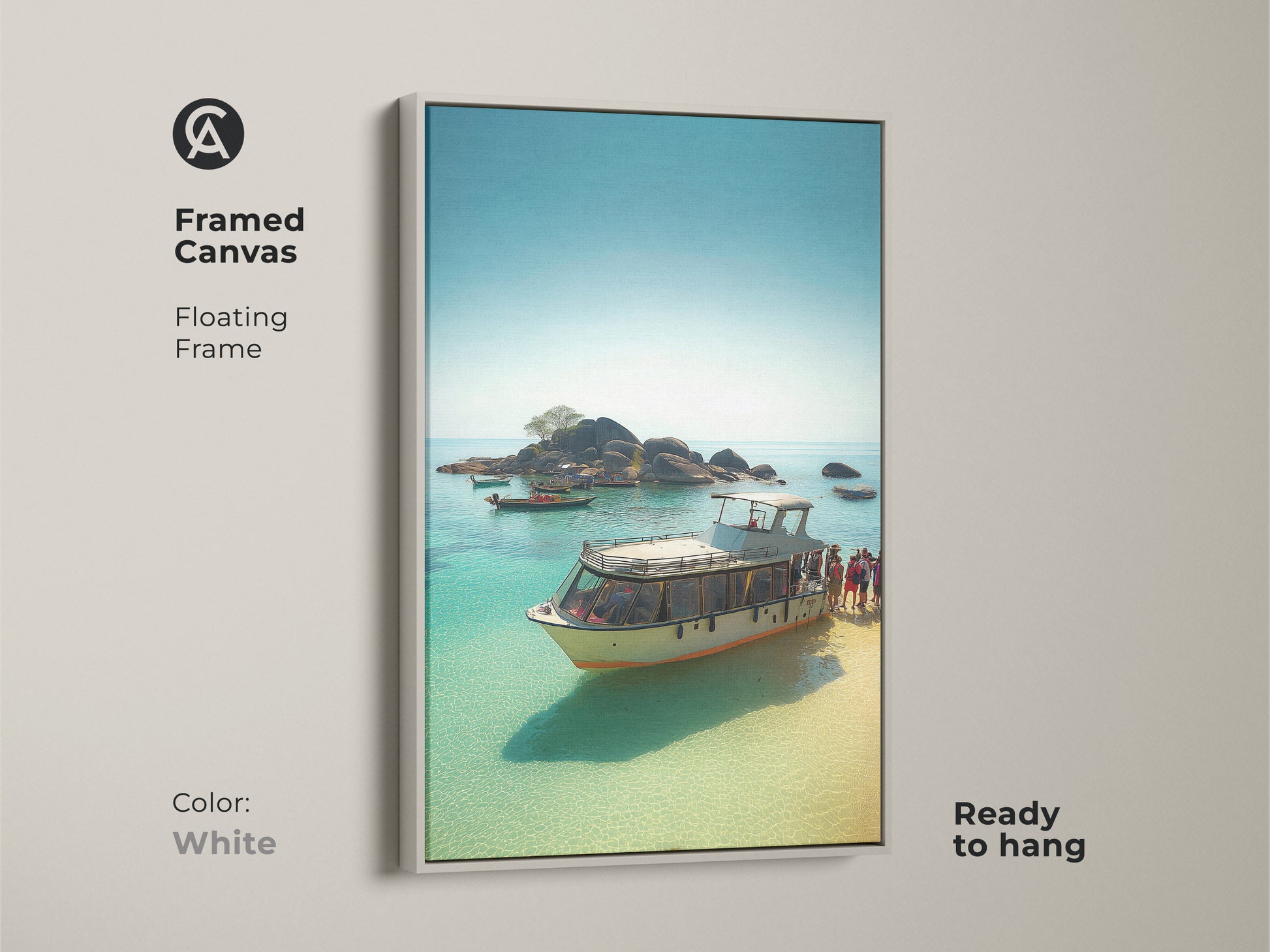 Framed Canvas with a Floating Frame in White. Travel destination canvas of a Yachting lifestyle artwork. This artwork brings a sense of vacation and relaxation into your home.
