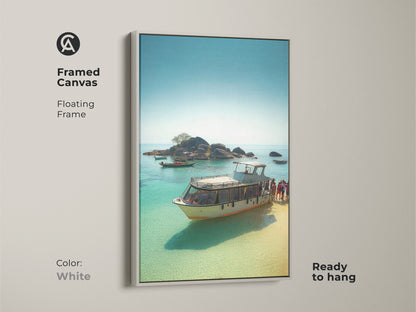 Framed Canvas with a Floating Frame in White. Travel destination canvas of a Yachting lifestyle artwork. This artwork brings a sense of vacation and relaxation into your home.