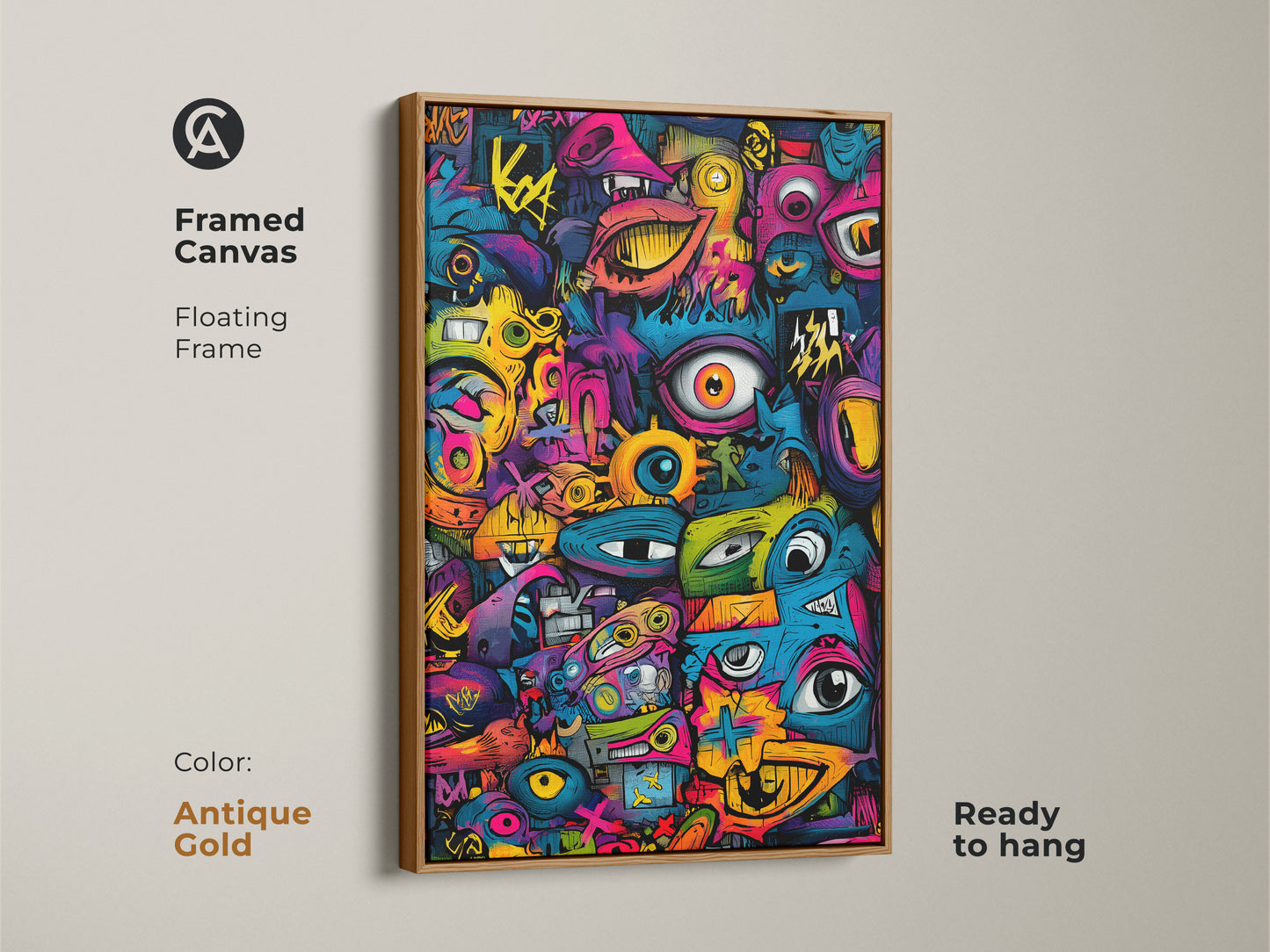Antique Gold Framed Canvas Graffiti Pop Art. This artwork features a vibrant graffiti style. The floating frame adds a touch of sophistication. Ready to hang and instantly elevate your space. Buy now and enjoy this eye-catching piece!