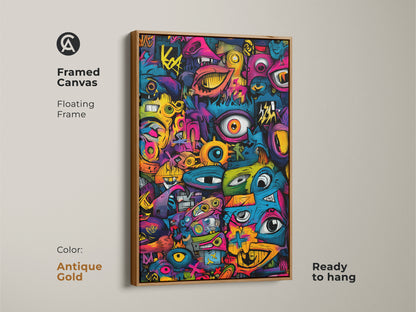 Antique Gold Framed Canvas Graffiti Pop Art. This artwork features a vibrant graffiti style. The floating frame adds a touch of sophistication. Ready to hang and instantly elevate your space. Buy now and enjoy this eye-catching piece!