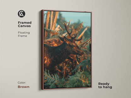 Framed canvas showcasing a deer in a fern forest with a brown floating frame. This wildlife photography art is ready to hang. The amber brown teal colors create a cozy rustic ambiance. A perfect gift for deer hunters and nature enthusiasts. Ideal for adding a touch of nature to your home decor.