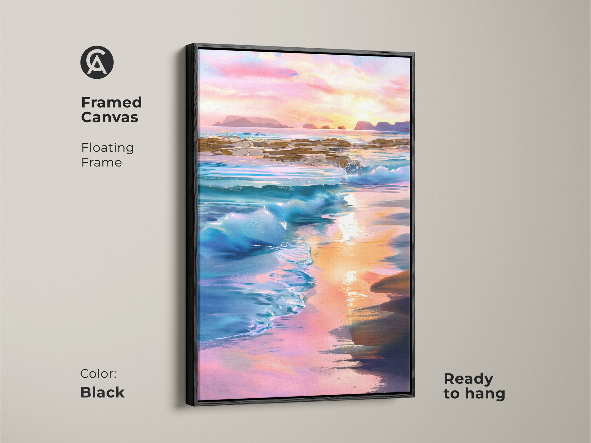 Black framed canvas features floating frame around coastal art. The impressionistic ocean waves artwork captures a serene sunset. Blue pink orange hues bring a tranquil beach view to your home. The piece is ready to hang.