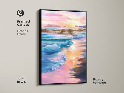 Black framed canvas features floating frame around coastal art. The impressionistic ocean waves artwork captures a serene sunset. Blue pink orange hues bring a tranquil beach view to your home. The piece is ready to hang.