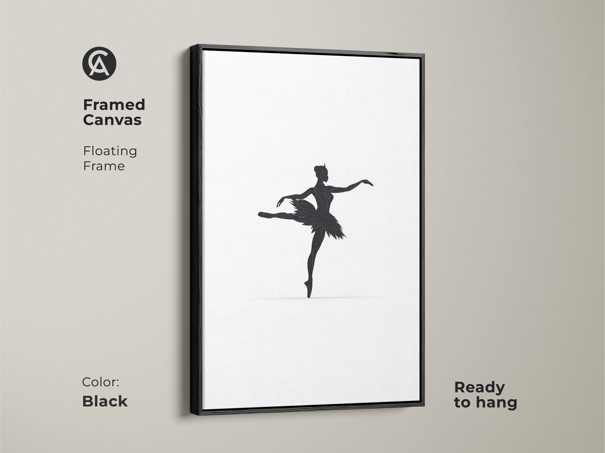 A framed canvas showcases minimalist black ballerina silhouette art. The floating frame enhances the contemporary bedroom decor. This black and white art print is ready to hang. It offers a sophisticated touch to any space ideal for ballet lovers and collectors.