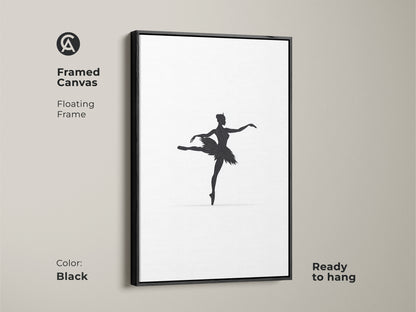 A framed canvas showcases minimalist black ballerina silhouette art. The floating frame enhances the contemporary bedroom decor. This black and white art print is ready to hang. It offers a sophisticated touch to any space ideal for ballet lovers and collectors.