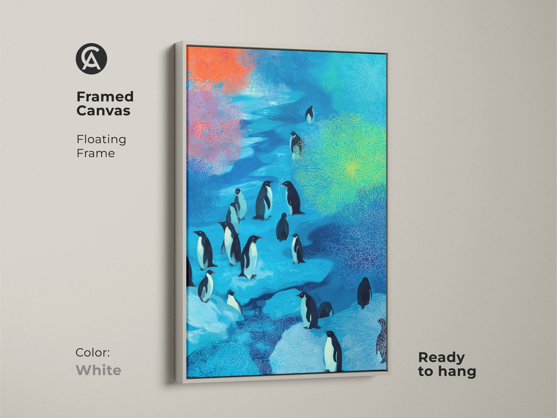 Framed Canvas displaying abstract penguins. The canvas has a white floating frame. Ocean blue and teal colors enhance this art. Unique animal art adds charm.