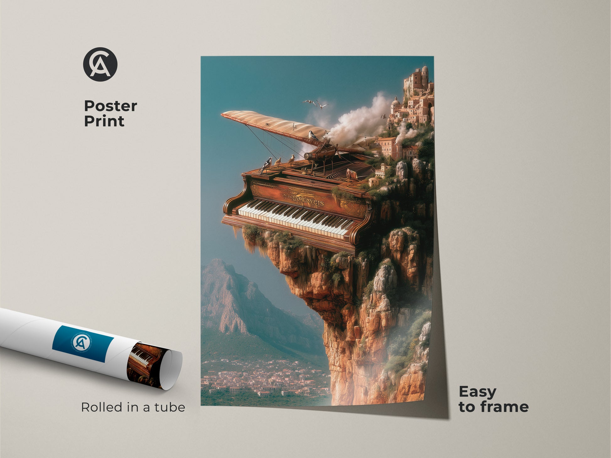Poster print showcasing a surreal cliffside piano cityscape. Rolled in a tube and easy to frame. This steampunk-inspired music artwork is perfect for creative spaces. Add a touch of architectural fantasy to your home or studio with this unique print.