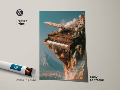 Poster print showcasing a surreal cliffside piano cityscape. Rolled in a tube and easy to frame. This steampunk-inspired music artwork is perfect for creative spaces. Add a touch of architectural fantasy to your home or studio with this unique print.