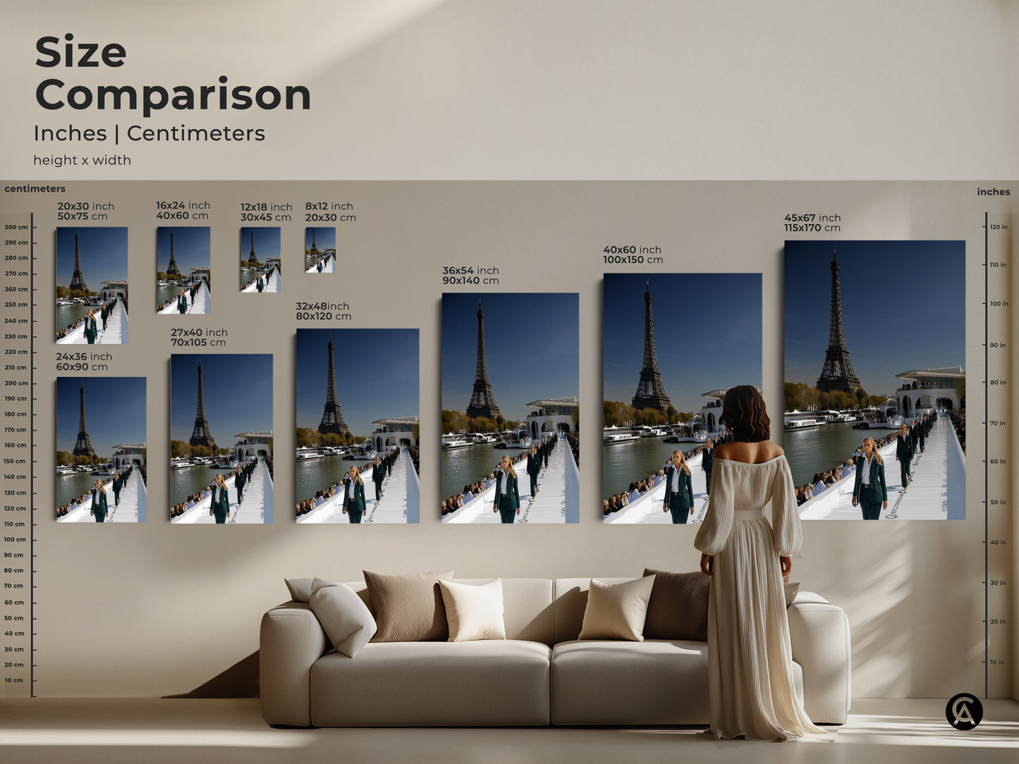 Size comparison of inches and centimeters for the Eiffel Tower Parisian fashion art. See the different sizes next to a couch and a person to get a feel for scale. Includes 20x30 inch 16x24 inch and 12x18 inch. Also 8x12 inch 36x54 inch 40x60 inch and 45x67 inch sizes.