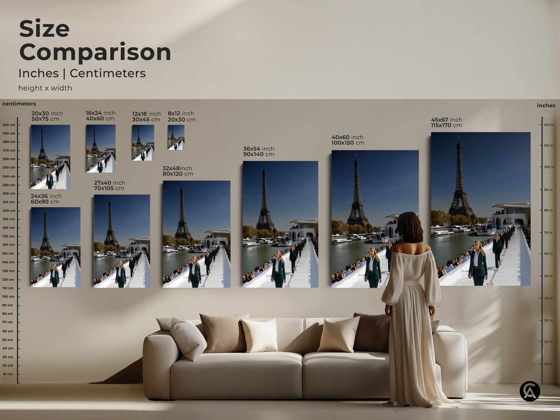 Size comparison of inches and centimeters for the Eiffel Tower Parisian fashion art. See the different sizes next to a couch and a person to get a feel for scale. Includes 20x30 inch 16x24 inch and 12x18 inch. Also 8x12 inch 36x54 inch 40x60 inch and 45x67 inch sizes.