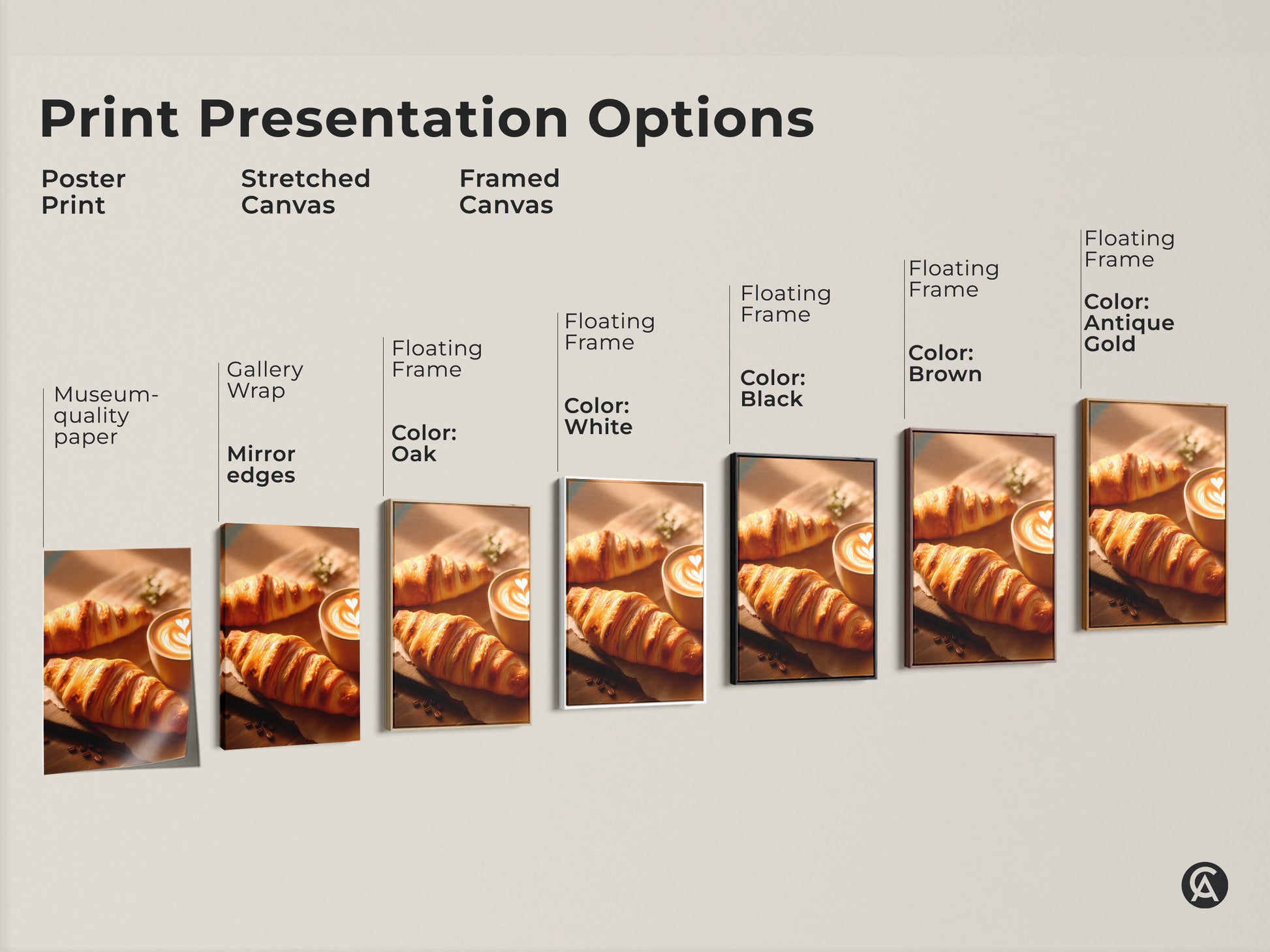 Print Presentation Options for croissant and latte artwork. Choose from poster print stretched canvas and framed canvas with floating frames in various colors. Perfect for modern cafe interior decor.