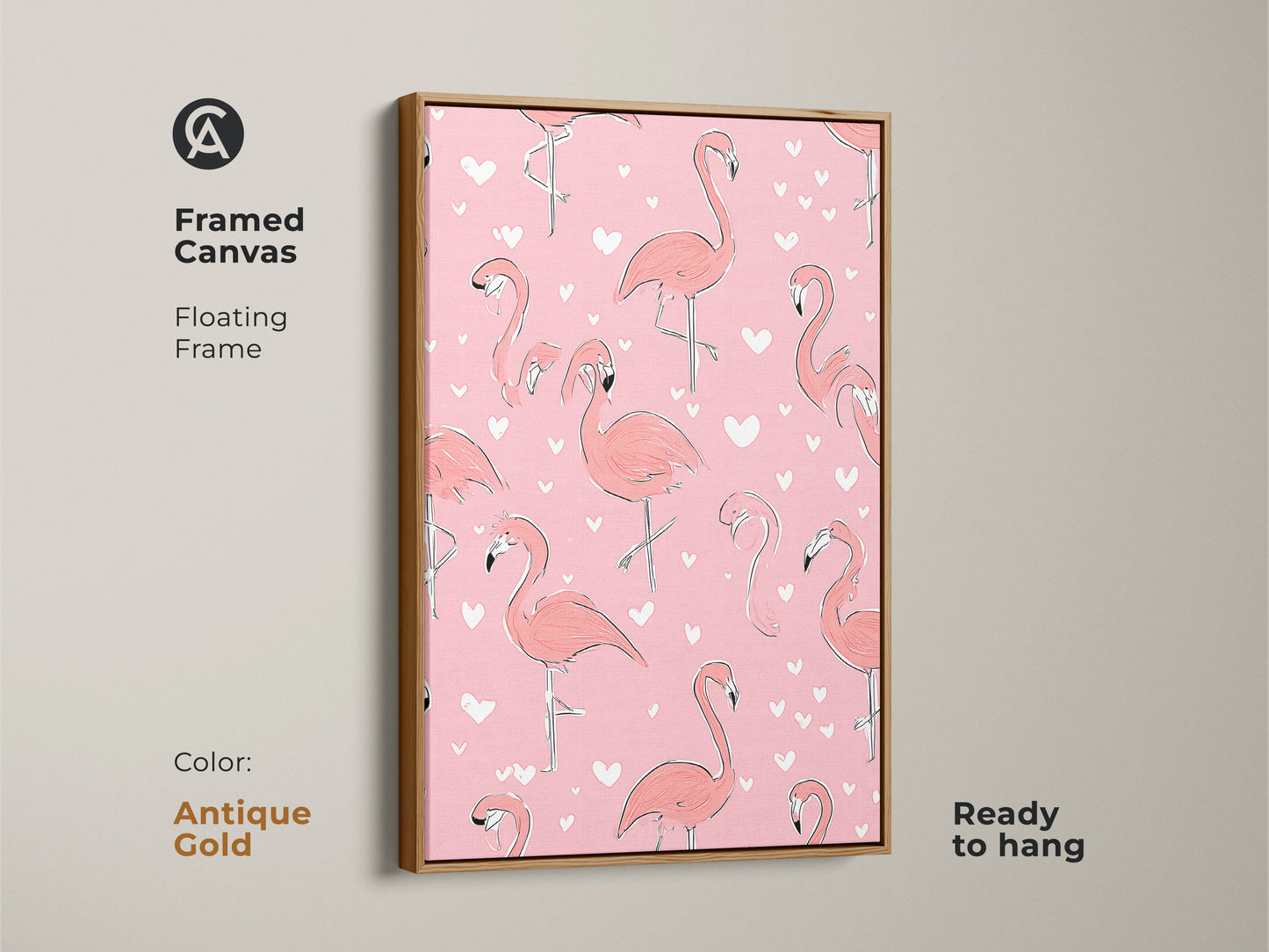 Framed canvas with floating frame in a antique gold featuring a coral pink flamingo art print. The boho heart pattern adds a cute touch to this animal artwork. This flamingo themed artwork is ready to hang. A playful piece brings a whimsical feel and a pop of color.