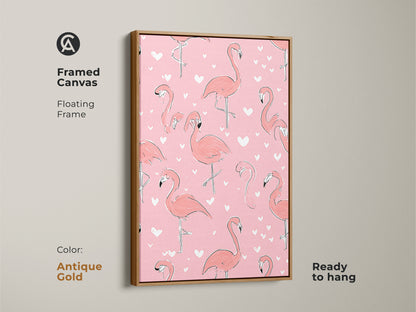 Framed canvas with floating frame in a antique gold featuring a coral pink flamingo art print. The boho heart pattern adds a cute touch to this animal artwork. This flamingo themed artwork is ready to hang. A playful piece brings a whimsical feel and a pop of color.