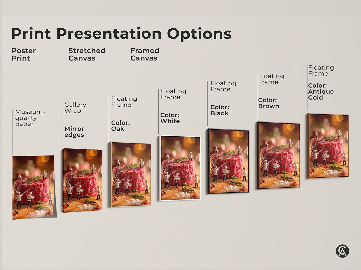 Explore print presentation options for chef and steak artwork. Choose from poster stretched or framed canvas. Various floating frame colors available. Find the perfect art to match your decor style and taste.