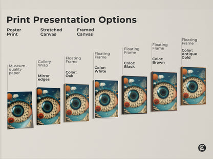 Explore print presentation options for surreal eye artwork. Choose from poster prints stretched canvas or framed canvas. Each offers museum quality and unique styles like gallery wrap or floating frames. Find the perfect fit for your unique decor style.