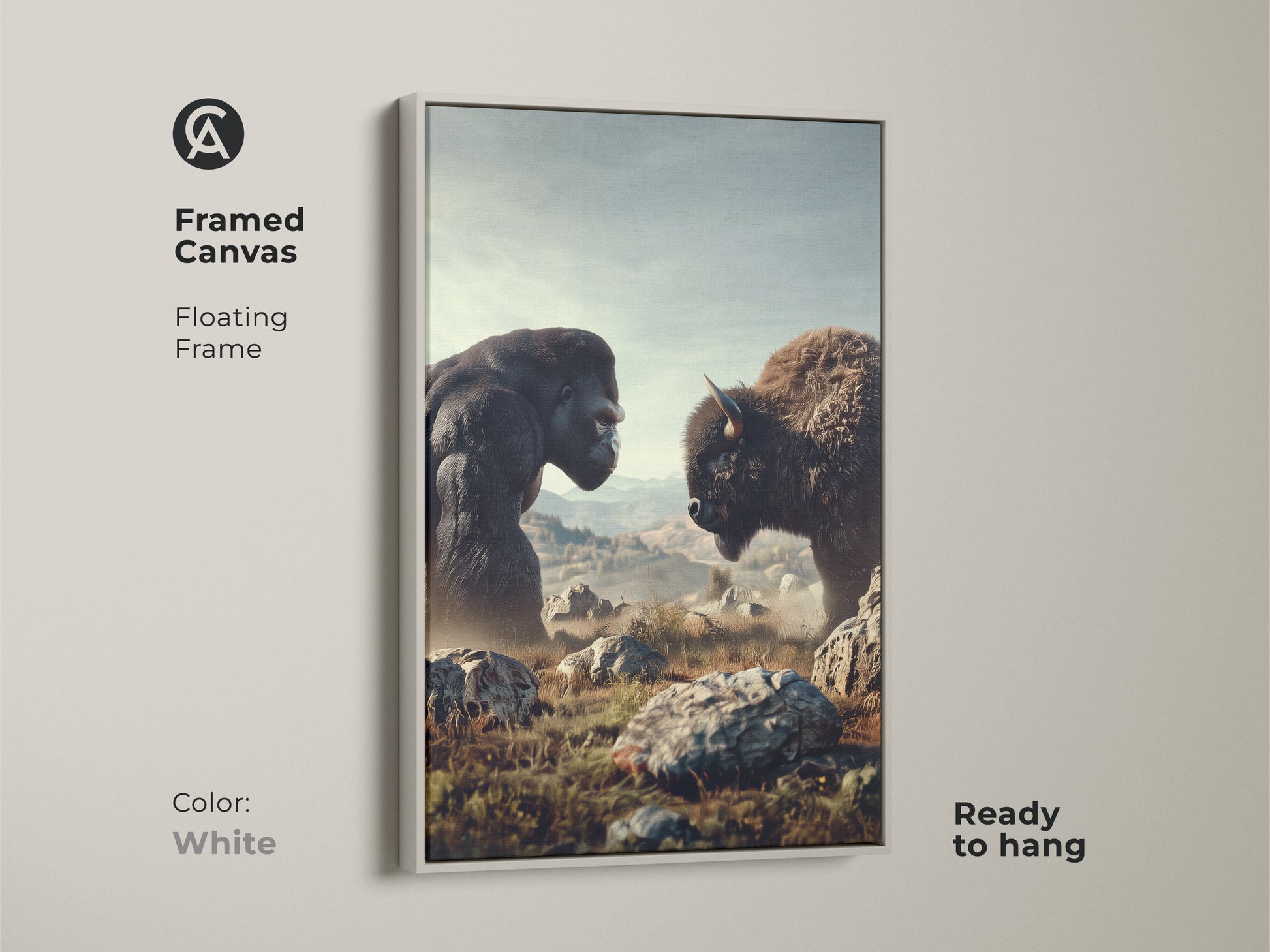 Framed canvas of a Gorilla and Bison confronting each other. The floating frame is white. This wildlife artwork has rustic earth tones. Ready to hang animal art makes a unique lodge cabin wall hanging.