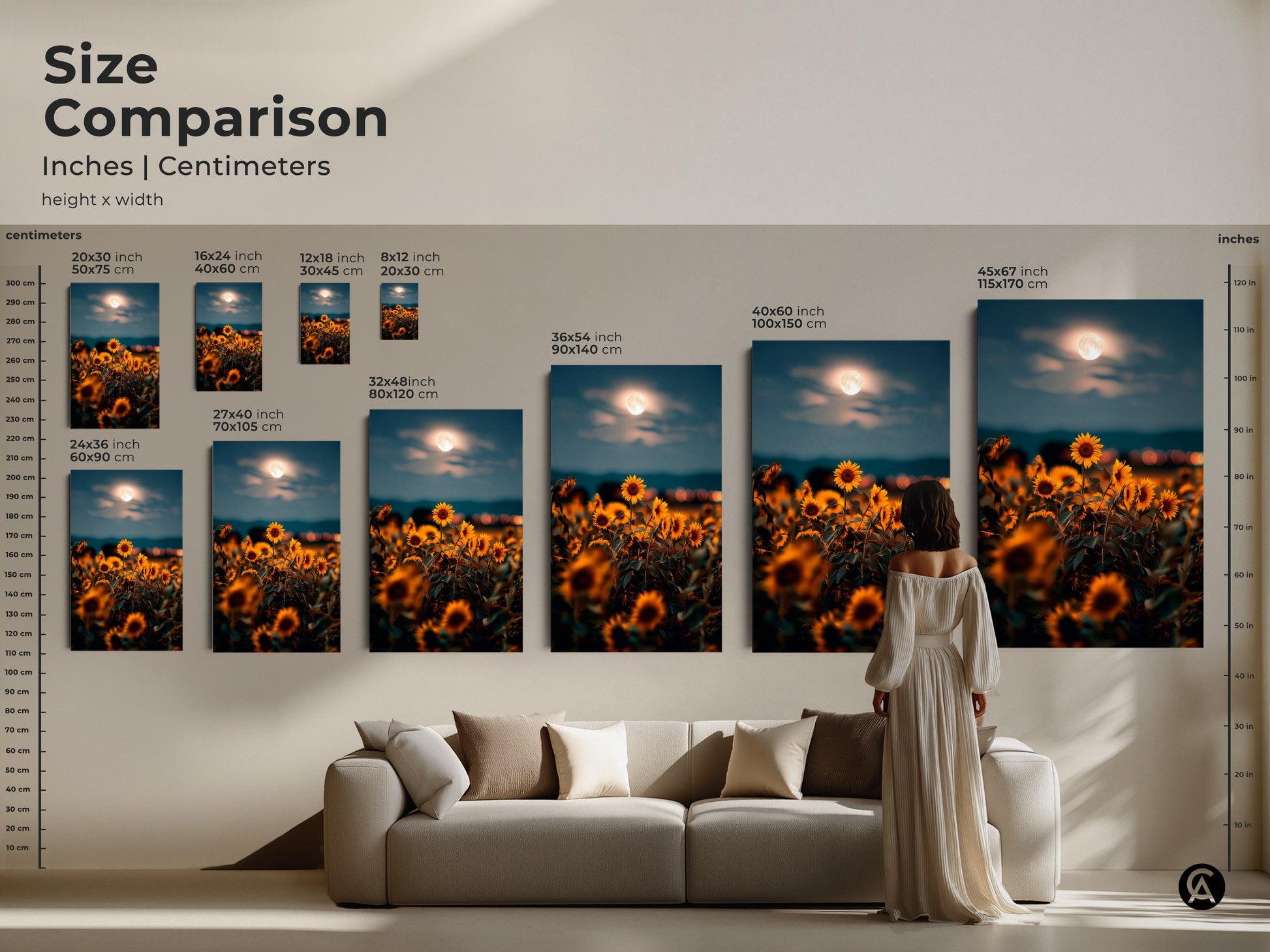 Size comparison of dreamy sunflower moon canvas art and poster prints. The artwork features golden yellow hues and a full moon. See how different sizes fit above a couch and visualize the perfect scale for your living space.
