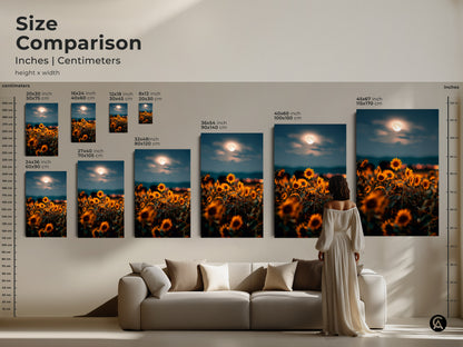Size comparison of dreamy sunflower moon canvas art and poster prints. The artwork features golden yellow hues and a full moon. See how different sizes fit above a couch and visualize the perfect scale for your living space.