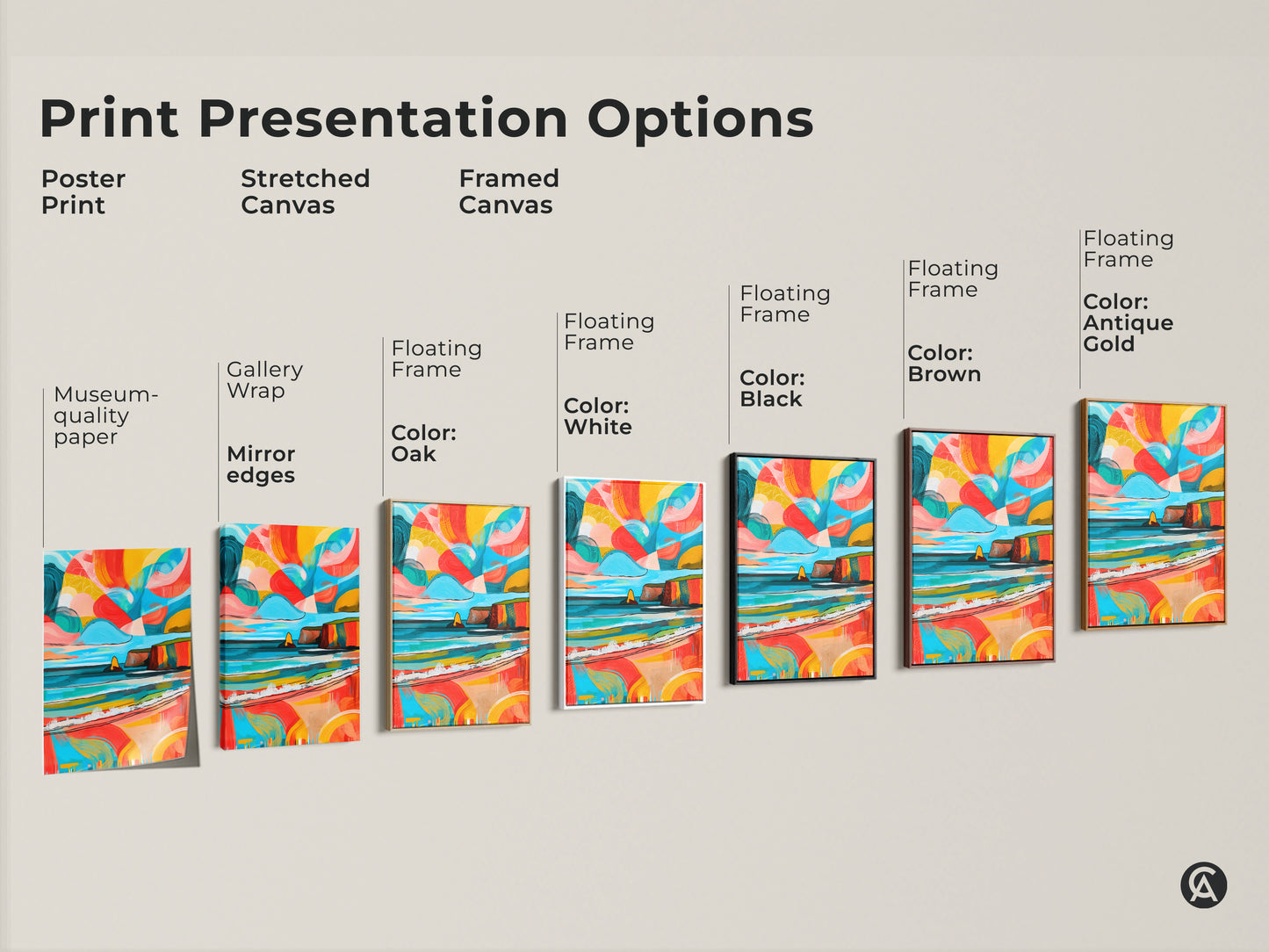 Explore print presentation options for abstract coastal art. Choose from a poster print or stretched canvas. Or framed canvas with oak white black brown or antique gold. Find the perfect match for your eclectic home decor.