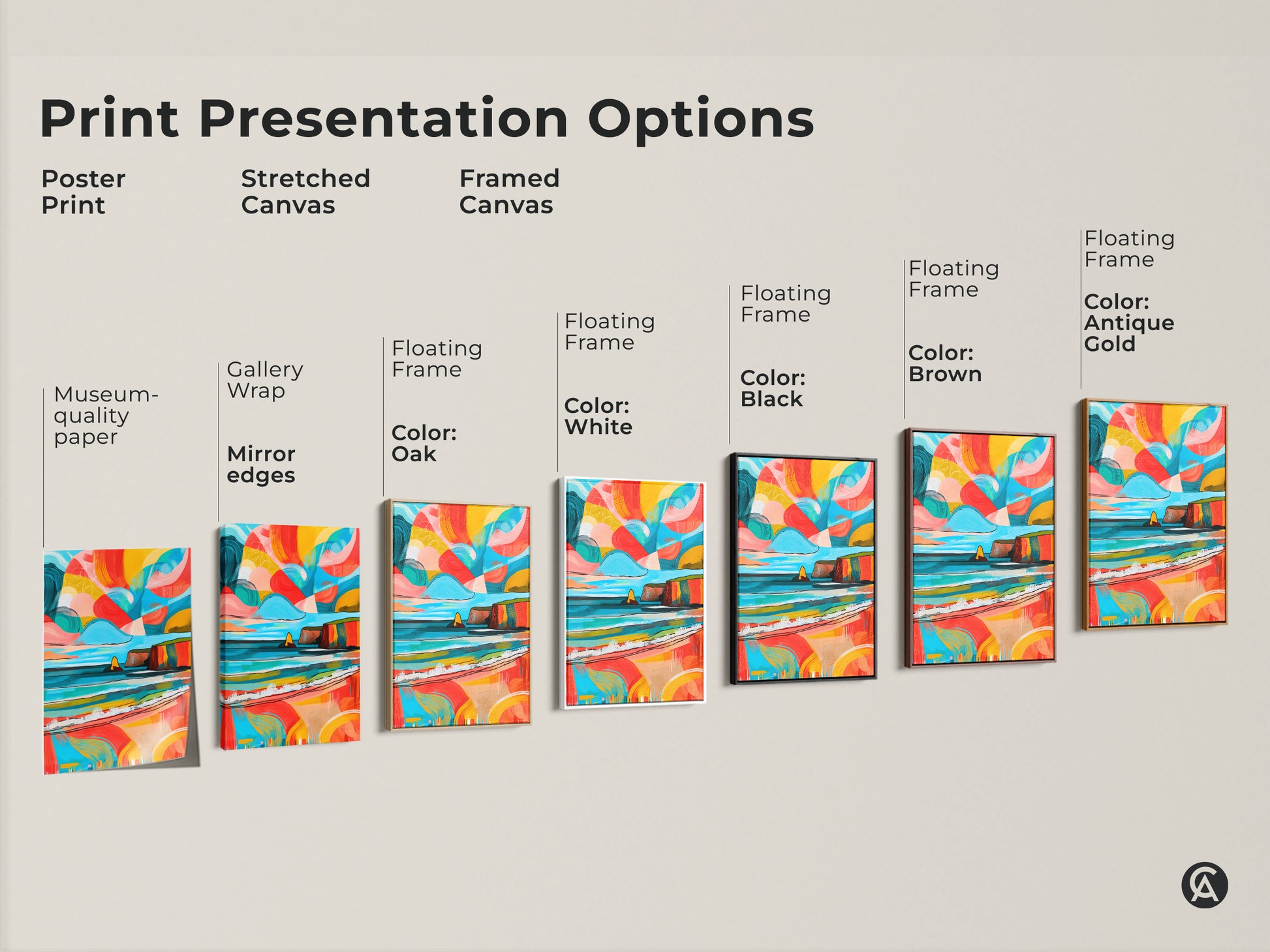Explore print presentation options for abstract coastal art. Choose from a poster print or stretched canvas. Or framed canvas with oak white black brown or antique gold. Find the perfect match for your eclectic home decor.
