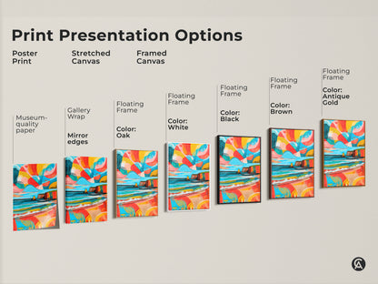 Explore print presentation options for abstract coastal art. Choose from a poster print or stretched canvas. Or framed canvas with oak white black brown or antique gold. Find the perfect match for your eclectic home decor.