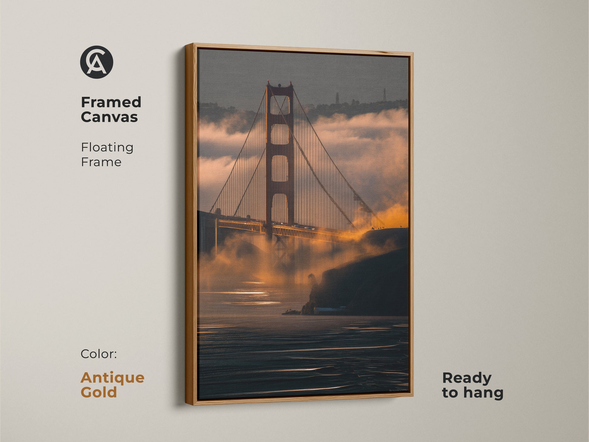 Framed Canvas of the Golden Gate Bridge with a floating antique gold frame. This San Francisco cityscape artwork is ready to hang. A modern piece of wall decor.