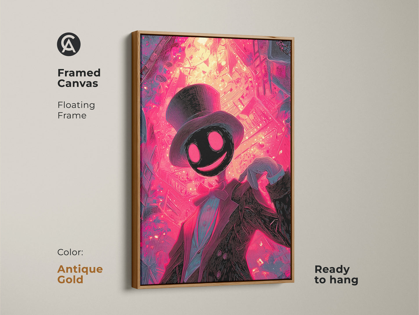 Framed in an antique gold floating frame this canvas displays this artwork. The art features a unique character in a suit and top hat. This ready to hang canvas has vibrant neon colors and a surreal style.