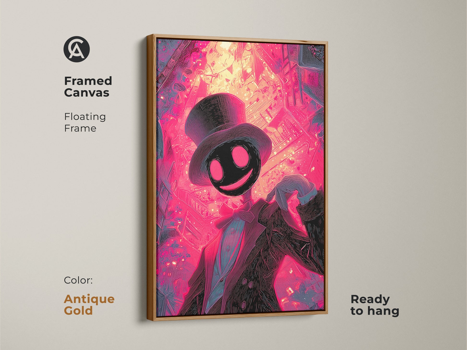 Framed in an antique gold floating frame this canvas displays this artwork. The art features a unique character in a suit and top hat. This ready to hang canvas has vibrant neon colors and a surreal style.