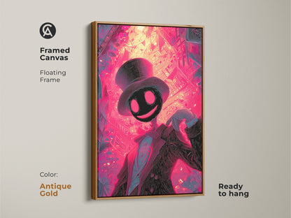 Framed in an antique gold floating frame this canvas displays this artwork. The art features a unique character in a suit and top hat. This ready to hang canvas has vibrant neon colors and a surreal style.