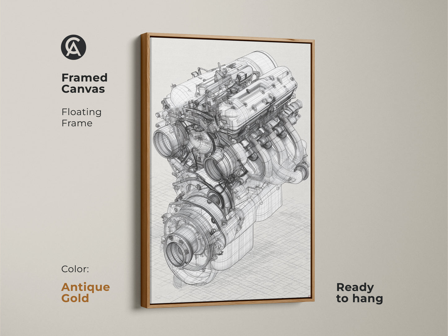 Antique Gold framed canvas automotive engine blueprint artwork. This technical drawing has a floating frame. It is a great gift idea for a car enthusiast or engineer. This artwork will add an industrial touch to any garage office or living space. This artwork is ready to hang.