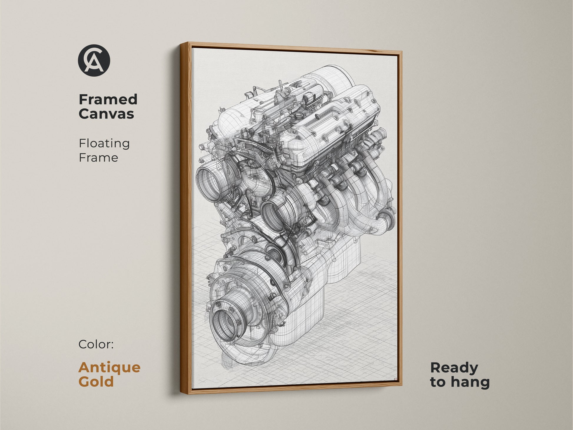 Antique Gold framed canvas automotive engine blueprint artwork. This technical drawing has a floating frame. It is a great gift idea for a car enthusiast or engineer. This artwork will add an industrial touch to any garage office or living space. This artwork is ready to hang.