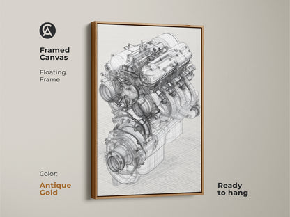 Antique Gold framed canvas automotive engine blueprint artwork. This technical drawing has a floating frame. It is a great gift idea for a car enthusiast or engineer. This artwork will add an industrial touch to any garage office or living space. This artwork is ready to hang.