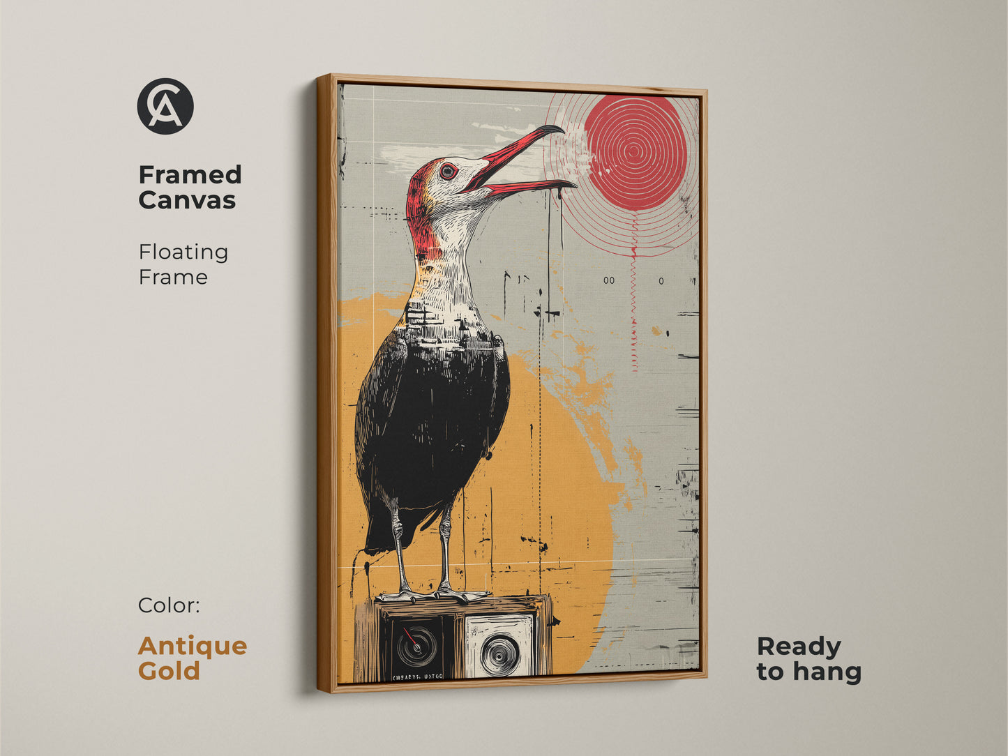 This framed canvas with an antique gold floating frame showcases surreal bird artwork. The eclectic bird art print features a bird on a vintage radio. Red yellow grey tones bring style to any room. This ready to hang piece is great for art collectors a unique housewarming gift to enhance a study or office decor.