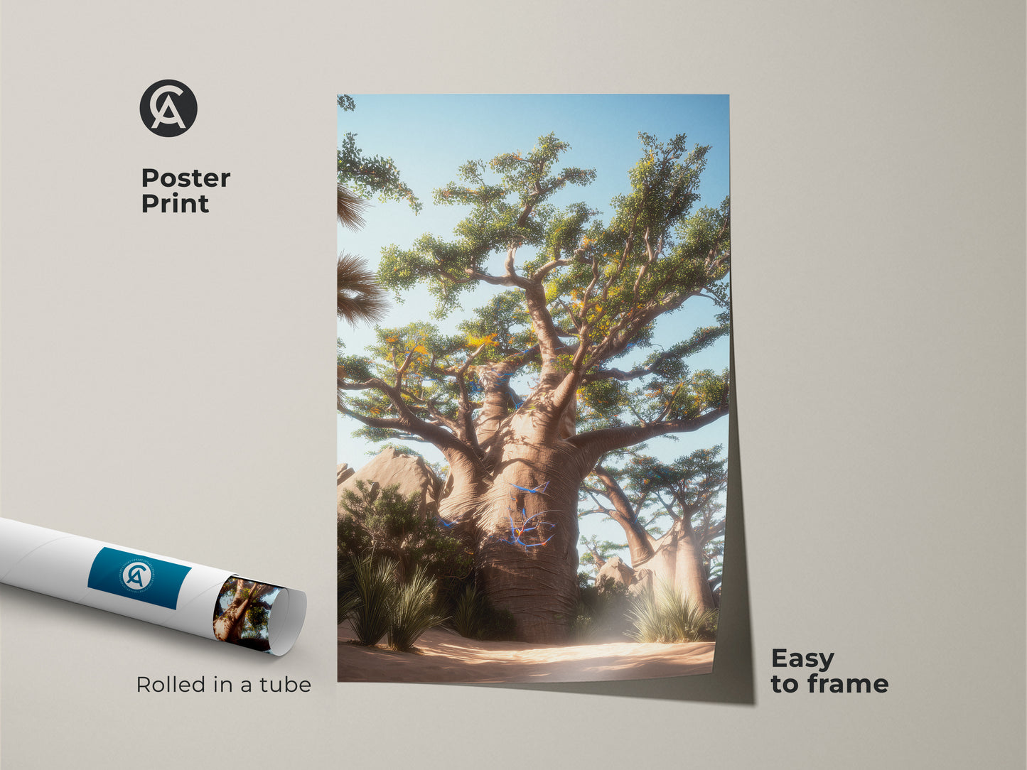 Poster Print of a Baobab Tree Wall Art rolled in a tube. The Desert Landscape Canvas Print is easy to frame. This boho nature artwork makes a unique travel lover gift. It captures the essence of African nature.