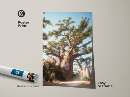 Poster Print of a Baobab Tree Wall Art rolled in a tube. The Desert Landscape Canvas Print is easy to frame. This boho nature artwork makes a unique travel lover gift. It captures the essence of African nature.