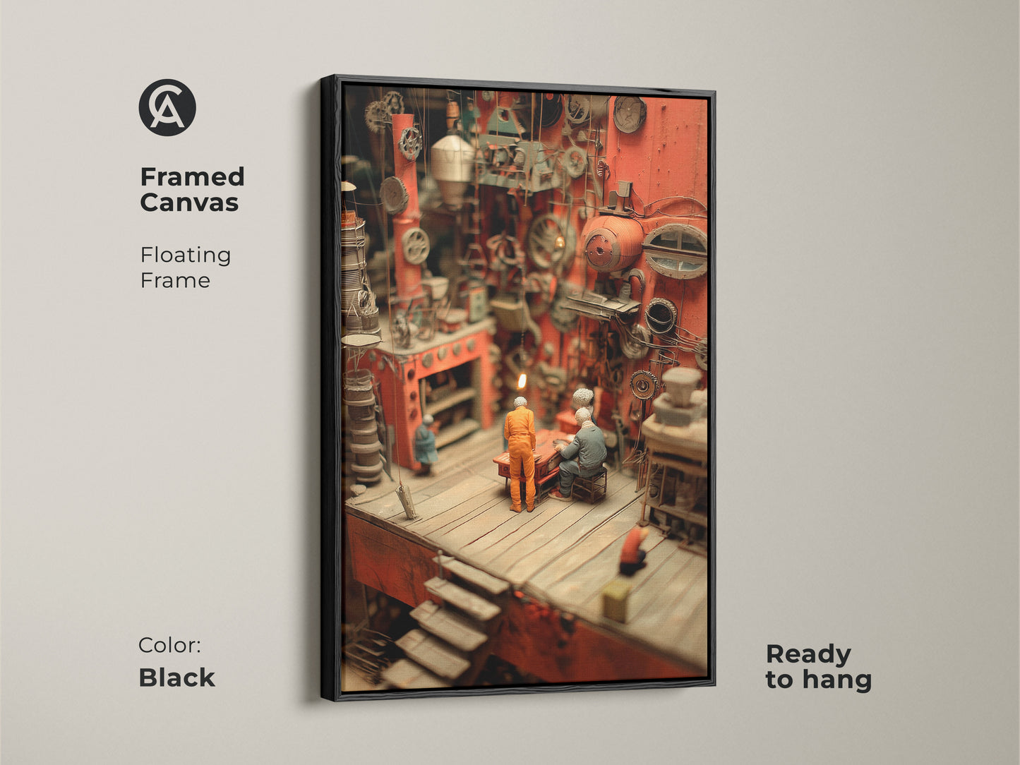 Framed canvas showcases a Steampunk diorama with a black floating frame. This industrial factory art print is ready to hang. It's a miniature machinery canvas perfect for office decor. The unique vintage artwork gives a retro mechanical scene.