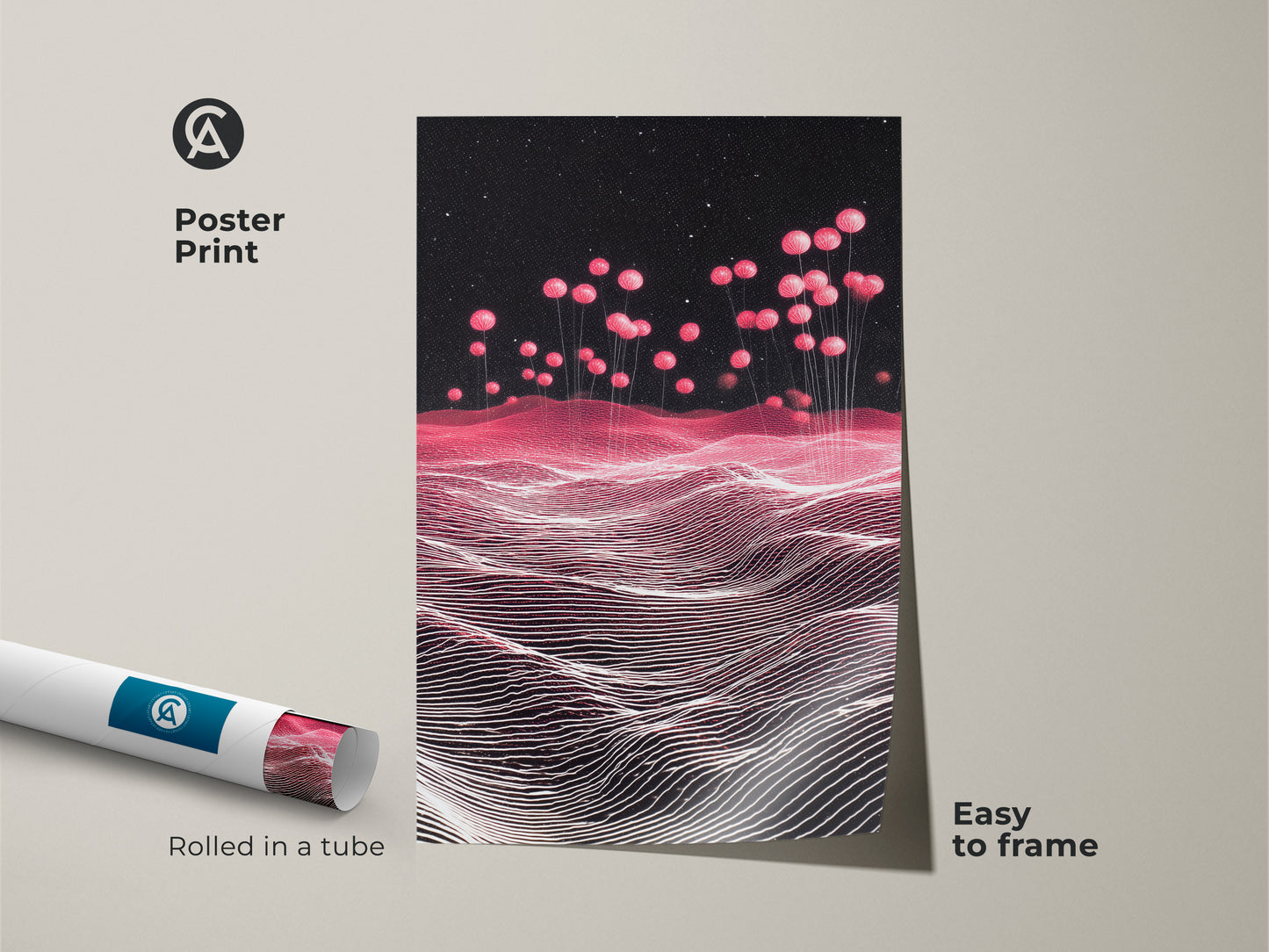 Poster Print of a Sci-Fi Abstract Landscape. Pink Balloons accent a Magenta Starry Sky. This contemporary wall decor is easy to frame. Perfect for adding a futuristic touch. Great as abstract art. A unique gift for sci-fi enthusiasts who love home accents.
