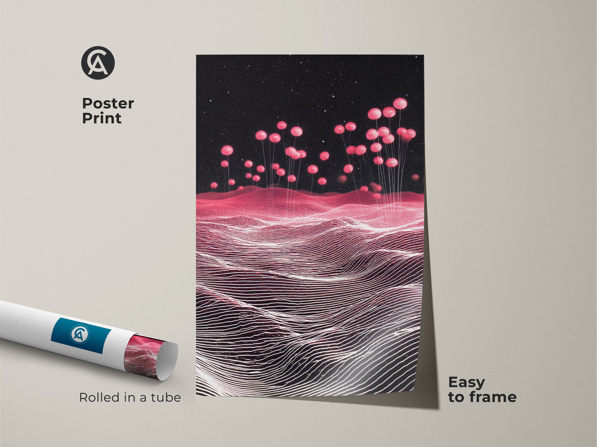 Poster Print of a Sci-Fi Abstract Landscape. Pink Balloons accent a Magenta Starry Sky. This contemporary wall decor is easy to frame. Perfect for adding a futuristic touch. Great as abstract art. A unique gift for sci-fi enthusiasts who love home accents.