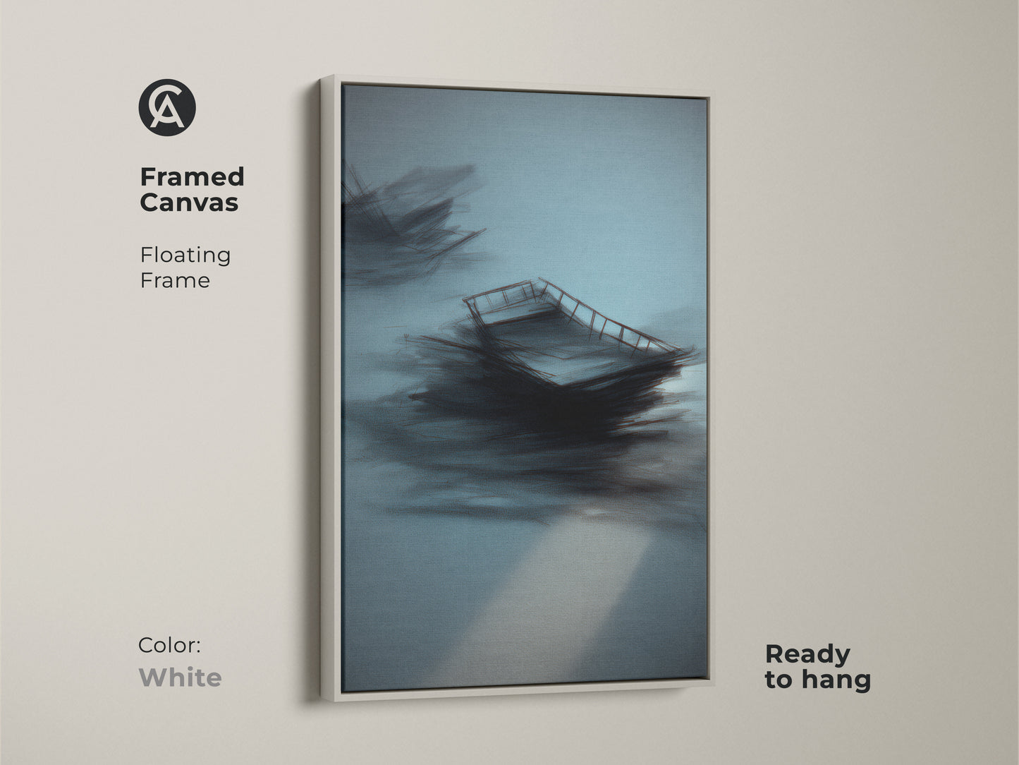 White framed canvas with teal abstract artwork. Floating frame enhances minimalist sailboat nautical wall art. Modern coastal decor for bedrooms or waterfront homes. Ready to hang for a fresh look.