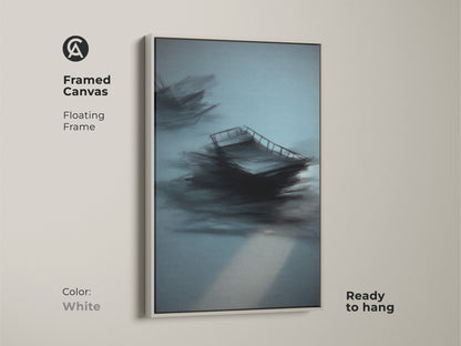 White framed canvas with teal abstract artwork. Floating frame enhances minimalist sailboat nautical wall art. Modern coastal decor for bedrooms or waterfront homes. Ready to hang for a fresh look.