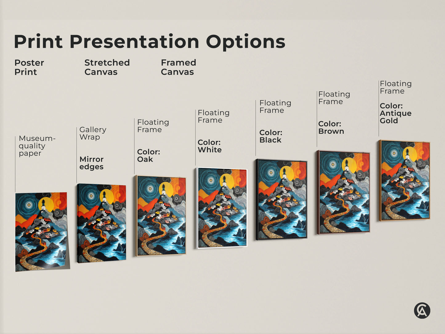 This image shows print presentation options including poster print stretched canvas and framed canvas. Each features the naive art lighthouse village artwork. These pieces have a fantasy landscape in blue yellow and orange colors. Perfect for eclectic travel decor.
