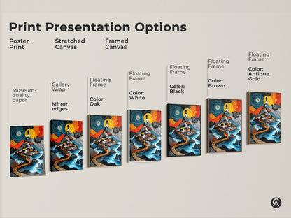 This image shows print presentation options including poster print stretched canvas and framed canvas. Each features the naive art lighthouse village artwork. These pieces have a fantasy landscape in blue yellow and orange colors. Perfect for eclectic travel decor.