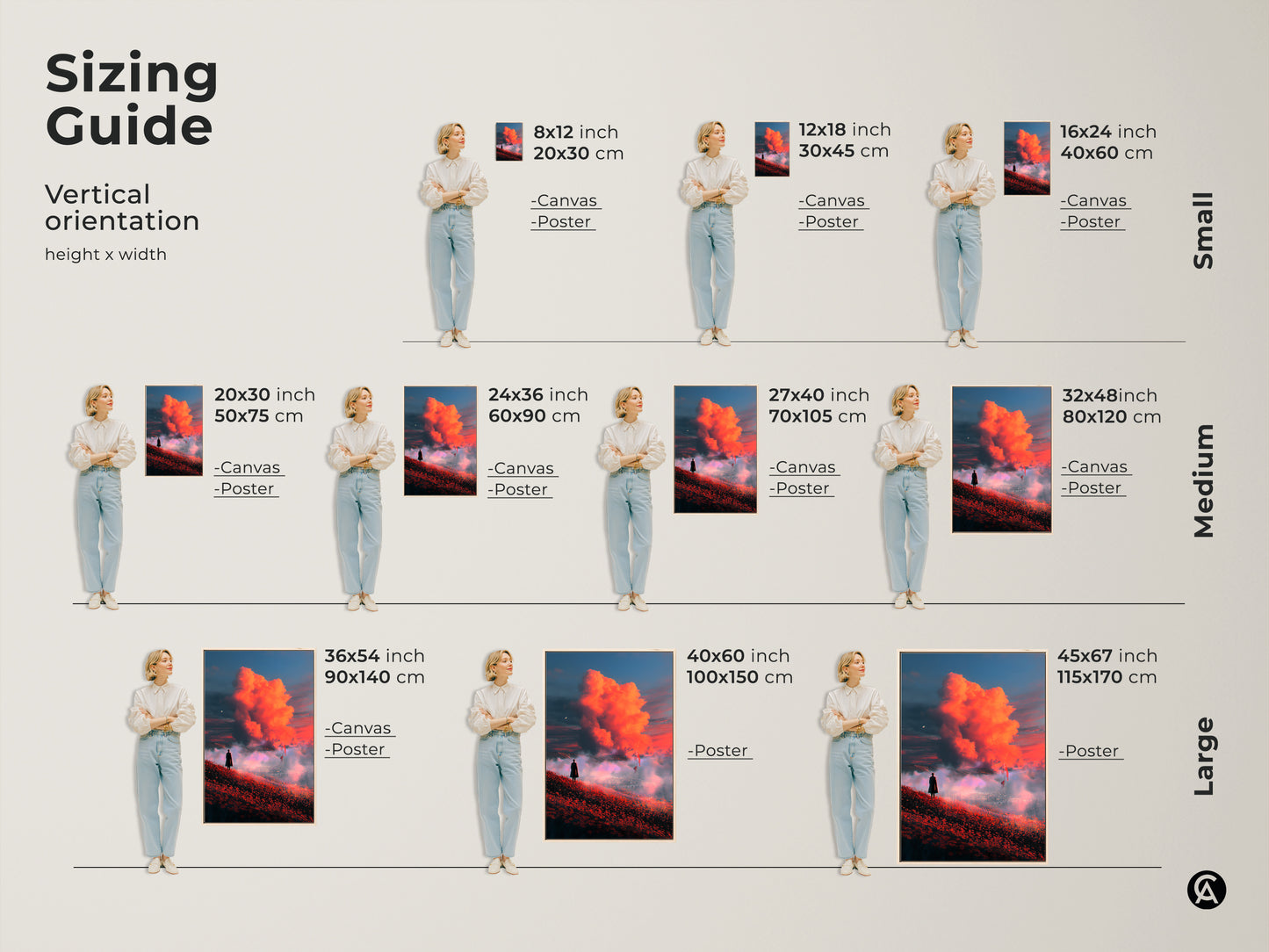 Sizing guide for the surreal landscape art print. Visualize the artwork in various sizes from small to large. See how the lone figure and fiery orange clouds fit different spaces. Available as both canvas and poster prints this fantasy art suits any room.