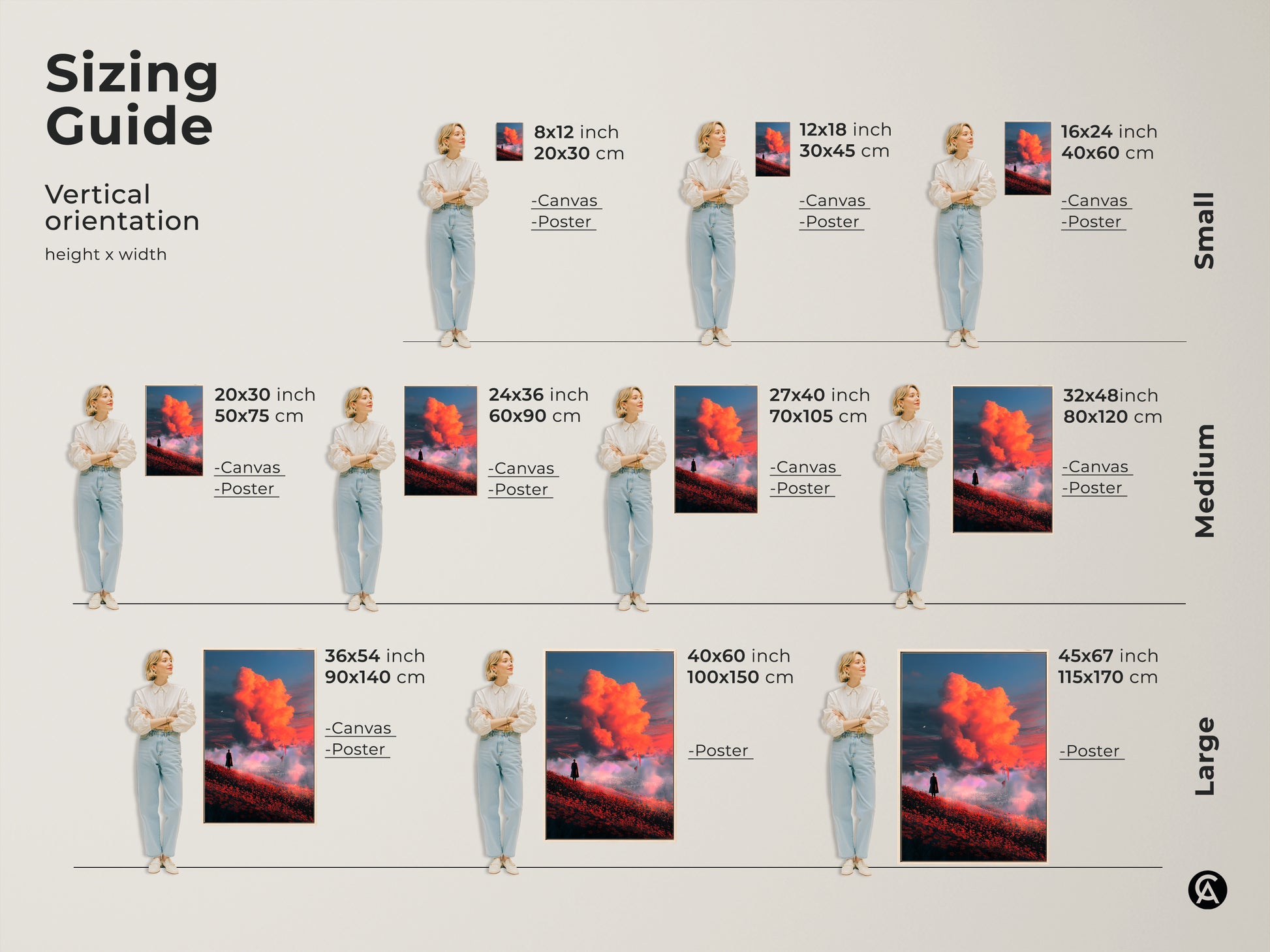 Sizing guide for the surreal landscape art print. Visualize the artwork in various sizes from small to large. See how the lone figure and fiery orange clouds fit different spaces. Available as both canvas and poster prints this fantasy art suits any room.