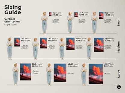 Sizing guide for the surreal landscape art print. Visualize the artwork in various sizes from small to large. See how the lone figure and fiery orange clouds fit different spaces. Available as both canvas and poster prints this fantasy art suits any room.
